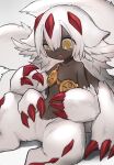  1girl absurdres body_fur claws collarbone dark-skinned_female dark_skin extra_arms faputa fewer_digits fur goggles goggles_around_neck highres made_in_abyss monster_girl multiple_tails navel sangzhi sharp_teeth sitting solo tail teeth uneven_eyes very_dark_skin white_fur white_hair yellow_eyes 