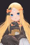  1girl abigail_williams_(fate) absurdres bandages bangs blonde_hair bow fate/grand_order fate_(series) hair_bow highres long_hair open_mouth parted_bangs purple_background simple_background sleeves_past_wrists solo stuffed_animal stuffed_toy teddy_bear zhouqinguaishou 