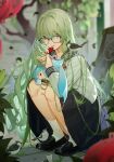  1girl absurdres alternate_costume bird black_footwear blurry blurry_background curvy falling_leaves fang food full_body glasses green_eyes grey_hair highres holding holding_food holding_stuffed_toy honkai_(series) honkai_impact_3rd jinjide_shaonian leaf long_hair looking_at_viewer mobius_(honkai_impact) pleated_skirt sailor_collar sailor_shirt school_uniform shirt sitting skirt slit_pupils smile socks solo stuffed_toy thighs tongue tongue_out white_socks 