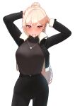  1girl absurdres adjusting_hair ahoge arms_behind_head arms_up bangs black_jacket black_pants black_sweater blonde_hair blush breasts contrapposto cowboy_shot hair_behind_ear hair_between_eyes hair_tie hair_tie_in_mouth highres jacket jewelry jingburger jirari large_breasts long_hair long_sleeves looking_at_viewer mouth_hold necklace open_clothes open_jacket pants ponytail red_eyes simple_background solo sweater turtleneck turtleneck_sweater tying_hair very_long_hair virtual_youtuber waktaverse white_background 
