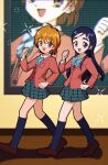  2girls absurdres black_hair blazer blue_eyes brown_eyes brown_footwear brown_hair futari_wa_precure get_you!_love_love?! highres jacket kneehighs loafers long_hair long_sleeves misumi_nagisa multiple_girls nzeneee open_mouth plaid plaid_skirt pleated_skirt precure red_jacket red_vest school_uniform shoes short_hair skirt smile socks verone_gakuin_school_uniform vest walking yukishiro_honoka 