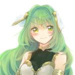  1girl armlet armor bangs bare_shoulders blush boobplate breastplate breasts circlet closed_mouth fire_emblem fire_emblem_echoes:_shadows_of_valentia gem green_eyes hair_between_eyes hair_intakes headdress light_green_hair liondance_0220 long_hair looking_at_viewer medium_breasts red_gemstone simple_background sleeveless smile solo tatiana_(fire_emblem) upper_body white_armor white_background 