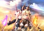  2girls absurdres alicia_leonora arknights black_gloves blonde_hair dragon_girl dragon_horns dragon_tail eblana_(arknights) evil_smile facing_viewer fire gloves green_eyes hair_ornament hand_on_another&#039;s_face highres horns hug long_hair looking_at_viewer md5_mismatch multiple_girls reed_(arknights) reed_the_flame_shadow_(arknights) siblings sisters smile sunlight tail watermark 