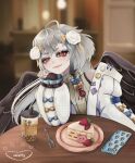  1girl absurdres bangs black_wings blush bow bubble_tea cafe cake closed_mouth eye_contact food grey_hair hair_ornament highres long_hair long_sleeves looking_at_another looking_at_viewer red_eyes smile solo tengu verarity virtual_youtuber wings 