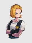  1girl android_18 belt black_gloves black_vest blonde_hair blue_eyes closed_mouth crossed_arms dragon_ball dragon_ball_z gloves grey_background jewelry kemachiku looking_to_the_side necklace pants pearl_necklace shirt short_hair simple_background solo upper_body vest white_shirt 