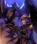  1girl animal bag bird breasts brown_bag cape closed_mouth commentary english_commentary gloves helmet large_breasts league_of_legends looking_at_animal phantom_ix_row purple_cape purple_hair quinn_(league_of_legends) short_hair shoulder_bag smile translation_request upper_body valor_(league_of_legends) 