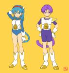  1boy 1girl absurdres arm_behind_head armor asymmetrical_armor blue_eyes blue_hair boots bra_(dragon_ball) brother_and_sister commentary_request dragon_ball dragon_ball_gt earrings gloves hairband hands_on_hips highres jewelry monkey_tail pink_mousse purple_eyes purple_hair red_hairband saiyan_armor shoulder_armor siblings signature tail trunks_(dragon_ball) white_footwear white_gloves yellow_background 