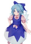  1girl bangs blue_bow blue_dress blue_eyes blue_hair bow cirno closed_mouth collared_shirt dress hair_bow highres himuhino ice ice_wings looking_at_viewer pinafore_dress shirt short_hair short_sleeves simple_background solo touhou white_background white_shirt wings 
