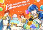  3boys anniversary ascot balloon bangs birthday_cake blue_cape blue_eyes blue_flower blue_hair blue_rose bouquet cake cape commentary_request copyright_name cosplay eliwood_(fire_emblem) eliwood_(groom)_(fire_emblem) english_text epaulettes father_and_son feh_(fire_emblem_heroes) fire_emblem fire_emblem:_genealogy_of_the_holy_war fire_emblem:_the_binding_blade fire_emblem:_the_blazing_blade fire_emblem_heroes flower food frilled_sleeves frills gloves hair_between_eyes headband heart jacket long_hair long_sleeves looking_at_viewer male_focus multiple_boys multiple_girls nintendo official_alternate_costume official_art open_clothes open_jacket orange_flower orange_hair orange_rose ponytail rose roy_(fire_emblem) roy_(groom)_(fire_emblem) seliph_(fire_emblem) signature sigurd_(fire_emblem) sigurd_(fire_emblem)_(cosplay) smile teeth upper_teeth_only wada_sachiko white_ascot white_gloves white_headband white_jacket yellow_flower yellow_rose 