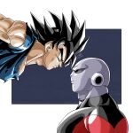  2boys bangs black_eyes black_hair commentary_request dated dragon_ball dragon_ball_super eye_contact forest_1988 frown furrowed_brow grey_eyes jiren looking_at_another male_focus multiple_boys muscular muscular_male serious signature son_goku ultra_instinct 