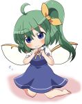  1girl ahoge bangs barefoot blue_dress blue_eyes blush closed_mouth collared_shirt commentary_request daiyousei dress fairy fairy_wings flying_sweatdrops green_hair hair_between_eyes highres long_hair rokugou_daisuke shirt short_sleeves side_ponytail signature solo touhou white_shirt wings 