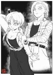  1boy 1girl absurdres android_18 breasts cleavage commentary dragon_ball dragon_ball_z earrings english_commentary frown genderswap genderswap_(ftm) genderswap_(mtf) greyscale highres jacket jewelry large_breasts medium_hair monochrome pants pink_mousse short_hair signature sleeves_past_wrists sleeves_rolled_up smile sword sword_on_back trunks_(dragon_ball) trunks_(future)_(dragon_ball) weapon weapon_on_back 