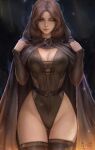  1girl adapted_costume artist_logo ass_visible_through_thighs black_cloak breasts brown_eyes brown_hair cleavage cloak elden_ring facial_tattoo highleg highleg_leotard highres hood hooded_cloak kittew leotard looking_at_viewer medium_hair melina_(elden_ring) mole mole_on_body one_eye_closed smile solo standing subtitled tattoo thigh_gap thighhighs wide_hips 