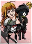  1girl :&lt; :d absurdres animal artist_name behind-the-head_headphones belt black-framed_eyewear black_thighhighs blue_eyes boots cat commentary cosplay english_commentary fur-trimmed_jacket fur_trim glasses green_jacket hat hat_feather headphones highres holding holding_animal holding_cat jacket morgana_(persona_5) open_mouth orange_hair persona persona_5 purple_eyes puss_in_boots puss_in_boots:_the_last_wish puss_in_boots_(shrek) puss_in_boots_(shrek)_(cosplay) sakura_futaba shorts smile thighhighs whiskers zucchinidraws 