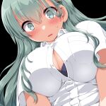  1girl bangs black_background blush bra breast_pocket breasts buttons collared_shirt commentary dated dd_(ijigendd) green_eyes green_hair hair_between_eyes hair_ornament hair_over_breasts hairclip highres kantai_collection large_breasts long_hair open_mouth pocket purple_bra shirt short_sleeves sidelocks signature simple_background solo suzuya_(kancolle) twitter_username underwear upper_body wardrobe_malfunction white_shirt 