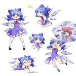  1girl =_= animal bangs barefoot black_footwear blue_bow blue_dress blue_eyes blue_hair blush book bow bug butterfly cirno closed_eyes collared_shirt detached_wings dress fairy fish futa_(nabezoko) grin hair_between_eyes hair_bow hands_on_hips highres ice ice_wings lying multiple_views on_stomach open_book open_mouth parted_lips pencil puffy_short_sleeves puffy_sleeves shirt shoes short_hair short_sleeves simple_background smile socks the_pose touhou white_background white_shirt white_socks wings 