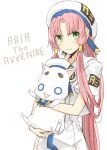  1girl animal aria aria_company_uniform aria_pokoteng aria_the_avvenire bangs blue_bow blush bow cat english_text green_eyes hair_tubes hat hat_ribbon holding holding_animal holding_cat long_hair looking_at_viewer miruto_netsuki mizunashi_akari parted_bangs pink_hair ribbon short_sleeves simple_background smile white_background white_headwear 