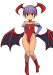  1girl absurdres bare_legs bat_wings boots breasts bridal_gauntlets cleavage_cutout clothing_cutout commentary_request demon_girl full_body head_wings highleg highleg_leotard highres leotard lilith_aensland looking_at_viewer low_wings no_legwear purple_hair red_footwear red_leotard short_hair simple_background small_breasts solo tenteco_(covamin) vampire_(game) white_background wings 