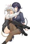  2girls :d akizone au_ra avatar_(ff14) bangs black_hair black_shirt black_skirt black_thighhighs blush boots breasts brown_pantyhose cheeze_(akizone) cleavage closed_eyes fang final_fantasy final_fantasy_xiv grey_hair heart high_heels highres horns hug knee_up large_breasts long_sleeves medium_breasts multiple_girls open_mouth pantyhose renz_(rirene_rn) shirt short_hair simple_background skirt smile thigh_boots thighhighs white_background 