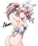  animal_ears ass atlanta_(kancolle) back bow bowtie breasts brown_hair character_name covered_navel detached_collar earrings fake_animal_ears gloves grey_eyes jewelry kantai_collection large_breasts leotard long_hair looking_at_viewer looking_back playboy_bunny rabbit_ears rabbit_tail ribbed_leotard side-tie_leotard simple_background smile star_(symbol) star_earrings strapless strapless_leotard tail traditional_bowtie two_side_up udukikosuke white_background white_gloves white_leotard wrist_cuffs 
