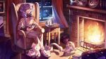  1girl blue_eyes book braid commentary commission cup dragoon_(selen_tatsuki) english_commentary fire fireplace firewood glasses head_wings heterochromia highres holding holding_book indoors looking_at_viewer mug nijisanji nijisanji_en nintendo_switch papercider picture_frame plate purple_eyes purple_hair second-party_source selen_tatsuki sitting smile snow snow_globe tree twin_braids virtual_youtuber window 