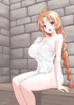  1girl absurdres blush breasts brown_eyes brown_hair cototiworld covered_nipples highres kaiko_sareta_ankoku_heishi_(30-dai)_no_slow_na_second_life large_breasts long_hair looking_at_viewer marika_(ankoku_heishi) naked_towel nipples nude open_mouth see-through sitting towel very_long_hair wet wet_towel 