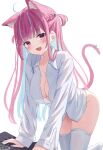  1girl absurdres ahoge animal_ears aqua_nails bangs bent_over blue_hair blush braid breasts cat_ears cat_girl cat_tail cleavage collarbone collared_shirt colored_inner_hair dyed_ahoge fang fingernails groin highres hololive kemonomimi_mode large_breasts light_blue_hair long_hair long_sleeves looking_at_viewer mei_am0 minato_aqua multicolored_hair nail_polish no_bra no_pants open_clothes open_mouth open_shirt pink_eyes pink_hair ribbon shirt simple_background skin_fang sleeves_past_wrists smile solo streaked_hair tail tail_ornament tail_ribbon thighhighs thighs two-tone_hair two_side_up unbuttoned unbuttoned_shirt virtual_youtuber white_background white_shirt white_thighhighs 
