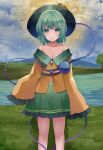  1girl absurdres bangs bare_shoulders black_headwear blouse blush breasts cleavage cloud collarbone day feet_out_of_frame frilled_sleeves frills green_eyes green_hair green_skirt grin hat hat_ribbon highres horizon koizumo komeiji_koishi lake long_sleeves looking_at_viewer medium_breasts navel off_shoulder outdoors ribbon shirt short_hair skirt sky sleeves_past_fingers sleeves_past_wrists smile solo standing teeth third_eye touhou water wide_sleeves yellow_shirt 