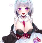  apron bangs bare_shoulders black_jacket blunt_bangs blush braid breasts commentary_request earrings elbow_gloves frills gloves grey_hair heart heart-shaped_mouth highres indie_virtual_youtuber jacket jewelry large_breasts looking_at_viewer necktie purple_eyes red_necktie shiny_skin short_hair simple_background stuffed_animal stuffed_bunny stuffed_toy virtual_youtuber waist_apron white_apron white_background white_gloves yumekawa_yamu yumekawa_yamu_(artist) 