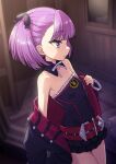  1girl bangs belt bow coat detached_collar dress fate/grand_order fate_(series) hair_bow heebee helena_blavatsky_(fate) off_shoulder purple_eyes purple_hair removing_coat strapless strapless_dress 