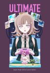  1girl :o absurdres bad_id bad_pixiv_id beach blunt_bangs blush breasts brown_hair brown_skirt danganronpa_(series) danganronpa_2:_goodbye_despair dress_shirt english_text galaga green_jacket hair_ornament handheld_game_console highres holding holding_handheld_game_console jacket large_breasts leo.comics medium_hair nanami_chiaki neck_ribbon open_clothes open_jacket palm_tree photo_(object) pink_eyes pink_ribbon ribbon shirt shirt_tucked_in skirt teeth tree two-tone_shirt upper_teeth_only usami_(danganronpa) white_shirt 