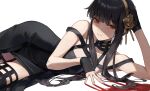  1girl bangs black_dress black_hair blood closed_mouth cotta_(heleif) dress hairband highres long_hair lying on_side red_eyes simple_background smile solo spy_x_family white_background yellow_hairband yor_briar 