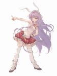  1girl 80isiiii ;o animal_ears black_footwear blush frilled_skirt frills full_body highres layered_clothes long_hair looking_afar one_eye_closed open_mouth pointing purple_hair rabbit_ears rabbit_girl red_eyes red_skirt reisen_udongein_inaba shirt shoes simple_background skirt sleeveless sleeveless_shirt socks solo thighhighs touhou very_long_hair white_background white_shirt white_socks white_thighhighs 