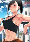  1girl armpits black_hair blue_sky blurry blurry_background blush bottle clothes_pull cloud cloudy_sky collarbone crop_top en&#039;en_no_shouboutai highres holding holding_bottle hot looking_away maki_oze midriff muscular muscular_female navel one_eye_closed ponytail purple_eyes railing shirt_pull signature sky solo sports_bra sweat sweatdrop water_bottle wet xter 