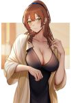  1girl alternate_costume blush breasts brown_hair cleavage collarbone girls&#039;_frontline green_eyes hair_between_eyes hand_up highres kitsune_udon_(ai_br) large_breasts long_hair looking_at_viewer parted_lips sidelocks smile solo springfield_(girls&#039;_frontline) upper_body 