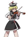  1girl absurdres bangs black_headwear black_skirt blonde_hair closed_mouth eddybird55555 english_commentary frilled_hat frills hat highres holding holding_instrument instrument long_sleeves looking_at_viewer lunasa_prismriver music one_eye_closed playing_instrument ringed_eyes short_hair simple_background skirt solo touhou violin white_background yellow_eyes 