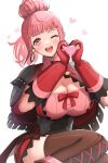  1girl ;d absurdres bangs boots breasts cleavage commentary_request cross-laced_footwear feet_out_of_frame fire_emblem fire_emblem:_three_houses fire_emblem_warriors:_three_hopes gloves gonzarez heart heart_hands highres hilda_valentine_goneril lace-up_boots large_breasts long_hair looking_at_viewer official_alternate_costume official_alternate_hairstyle one_eye_closed open_mouth pink_eyes pink_hair ponytail red_gloves simple_background smile solo white_background 