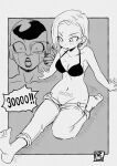  1boy 1girl absurdres android_18 bra breasts clothes_pull commentary dragon_ball dragon_ball_z earrings english_commentary frieza greyscale groin highres jewelry medium_breasts milestone_celebration monochrome number_tattoo open_mouth pants pants_pull pink_mousse pubic_tattoo scouter sitting sweat tattoo underwear 
