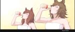  2girls ahoge animal_ears artist_name bare_shoulders bottle breasts brown_hair cleavage closed_eyes commentary_request drink highres horse_ears large_breasts long_hair maruzensky_(umamusume) milk milk_bottle mr._c.b._(umamusume) mukakin multiple_girls naked_towel towel umamusume yellow_background 