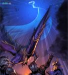  1girl 2boys animal armor bird blue_cape cape helm helmet hood hooded_cape league_of_legends looking_at_another looking_back male_focus multiple_boys muscular muscular_male night outdoors phantom_ix_row quinn_(league_of_legends) short_hair sky star_(sky) starry_sky translation_request tree valor_(league_of_legends) 