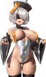  1girl absurdres alternate_costume anima_(togashi) bangs black_nails black_thighhighs blindfold breast_curtains breasts covered_navel ghost_pose grey_hair groin hair_over_one_eye hat highres jiangshi large_breasts leotard long_bangs mole mole_under_eye nier_(series) nier_automata open_mouth qing_guanmao short_hair simple_background solo teeth thighhighs white_background white_leotard wide_hips wide_sleeves yorha_no._2_type_b 