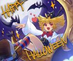  1girl :d bangs bat_(animal) black_cat black_shorts blonde_hair blue_socks blunt_bangs blush boots bow bowtie breasts buttons cat commentary crescent_moon eriku_(aoi_tori) fang flipped_hair full_body happy_halloween heart kneehighs legs loli_ruri looking_at_viewer moon on_crescent open_mouth orange_nails pointy_ears ragnarok_online red_bow red_bowtie red_eyes red_socks shirt shorts sitting_on_moon skin_fang small_breasts smile socks solo sparkle striped striped_socks symbol-only_commentary white_footwear white_shirt wide_sleeves 