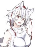  1girl ahoge animal_ears bangs bare_shoulders breasts inubashiri_momiji kanaria_(bocmn) looking_at_viewer open_mouth pom_pom_(clothes) red_eyes shirt short_hair simple_background solo touhou upper_body white_background white_hair white_shirt white_sleeves wolf_ears 