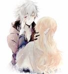  1boy 1girl black_gloves blonde_hair blush crying crying_with_eyes_open facing_another gloves grey_hair hetero heterochromia highres hood hood_down hoodie liliana_adornato long_hair open_mouth orlok_(piofiore_no_bansho) piofiore_no_bansho red_eyes short_hair skunlv tears wiping_tears yellow_eyes 