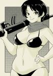  1girl bikini breasts commentary english_commentary greyscale gun hand_on_hip highres holding holding_gun holding_weapon large_breasts monochrome navel neckerchief original pink_mousse short_hair skindentation smile solo swimsuit upper_body weapon 