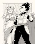  1boy 1girl absurdres arm_around_waist armor asymmetrical_armor bandeau bikini bulma cape commentary cosplay dragon_ball dragon_ball_z earrings english_commentary gloves greyscale groin highres jewelry king_vegeta king_vegeta_(cosplay) lowleg lowleg_bikini monochrome navel necklace open_mouth pink_mousse saiyan_armor shoulder_armor smile swimsuit vegeta 