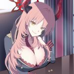  1girl bangs between_breasts black_coat black_gloves blue_archive breast_rest breasts breasts_on_table chair cleavage closed_mouth coat coin demon_girl demon_horns eko fangs fangs_out gloves halo hand_on_own_cheek hand_on_own_face highres holed_coin horns indoors large_breasts long_hair long_sleeves looking_at_viewer mole mole_on_breast necktie necktie_between_breasts parted_bangs pink_hair red_necktie satsuki_(blue_archive) sitting smile solo upper_body yellow_eyes 