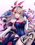  1girl bare_shoulders blue_dress breasts cleavage commission corrin_(fire_emblem) cosplay dress fire_emblem fire_emblem_engage fire_emblem_fates fishnet_thighhighs fishnets floral_print flower flower_brooch gloves hair_flower hair_ornament hairband ivy_(fire_emblem) ivy_(fire_emblem)_(cosplay) kakiko210 long_hair looking_at_viewer medium_breasts open_mouth petals pointy_ears red_eyes rose rose_petals skeb_commission smile solo thighhighs white_gloves white_hair 