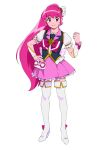  1girl absurdres aino_megumi bangs boots closed_mouth commentary_request cure_lovely full_body hand_on_hip happinesscharge_precure! high_heel_boots high_heels high_ponytail highres long_hair looking_at_viewer magical_girl ojipon pink_eyes pink_hair precure puffy_short_sleeves puffy_sleeves short_sleeves simple_background skirt smile solo thigh_boots very_long_hair white_background white_footwear white_skirt 