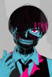  1boy bangs black_hair blood blood_on_clothes blood_on_face eyepatch kaneki_ken limited_palette male_focus mask necktie okumura pink_blood pink_eyes pink_nails short_hair solo teeth tokyo_ghoul vest white_background zipper 